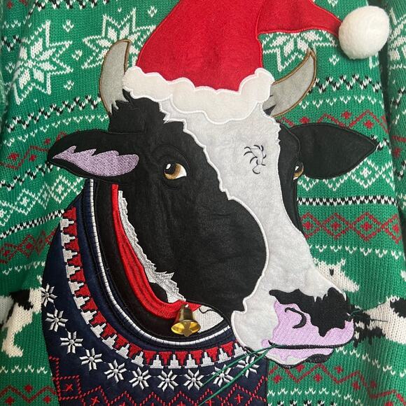 Blizzard Bay Mens Ugly Christmas Fair Isle Sweater XL Cow Santa Hat Pom Pom Bell - Picture 2 of 7